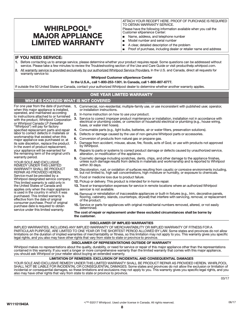 Page 1 de la notice Informations de garantie Whirlpool WRS315SDHT