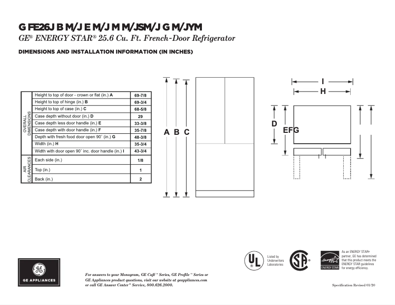 Page 1 de la notice Fiche technique GE GFE26JGMWW