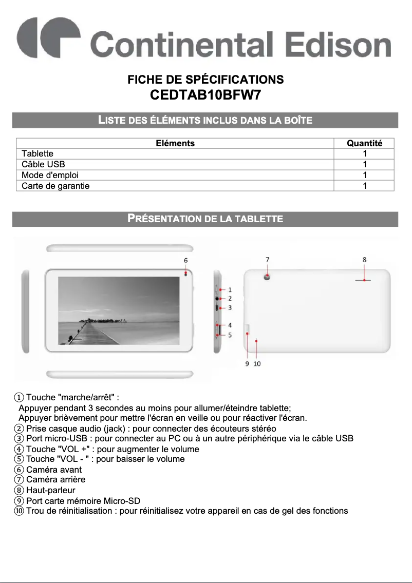 Página 1 del manual Ficha técnica Continental Edison CEDTAB10BFW7