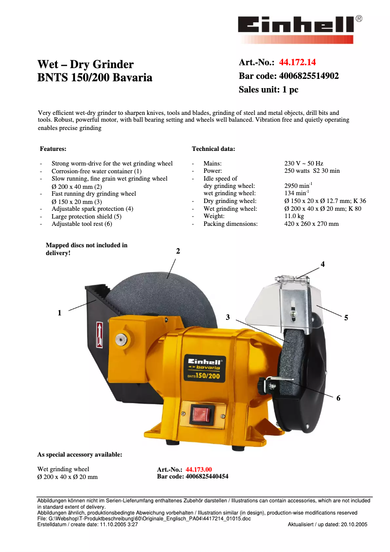 Page 1 de la notice Fiche technique Bavaria by Einhell BNTS 150/200