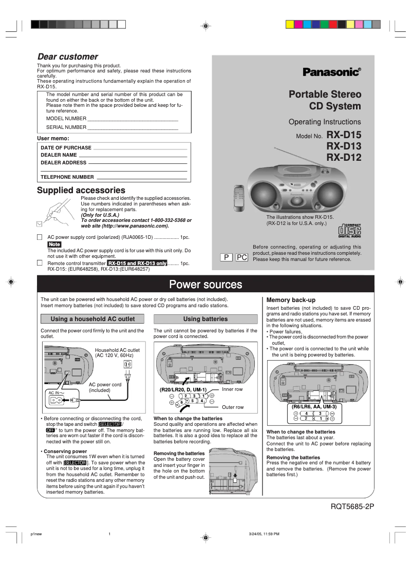 Page 1 de la notice Manuel utilisateur Panasonic RX-D13