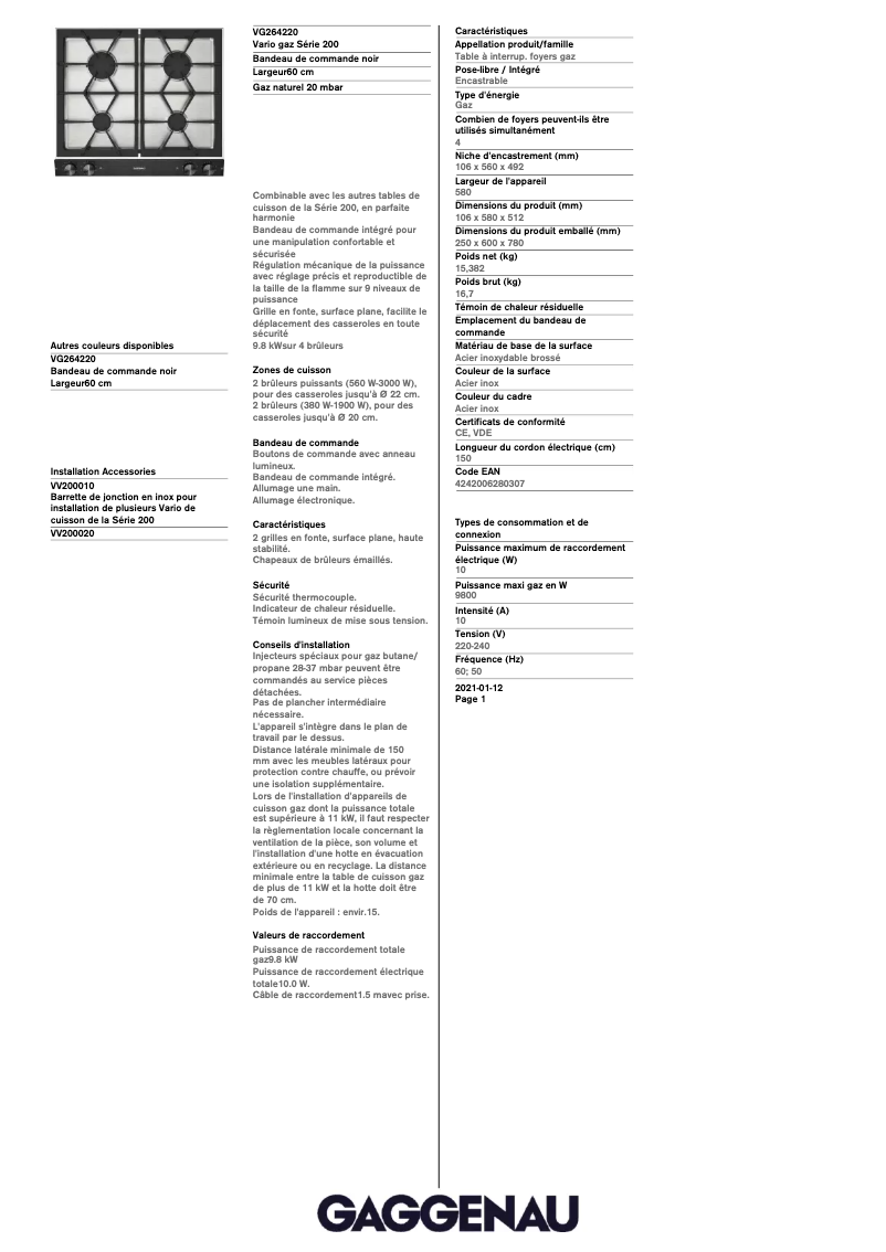 Page 1 de la notice Fiche technique Gaggenau VG264220