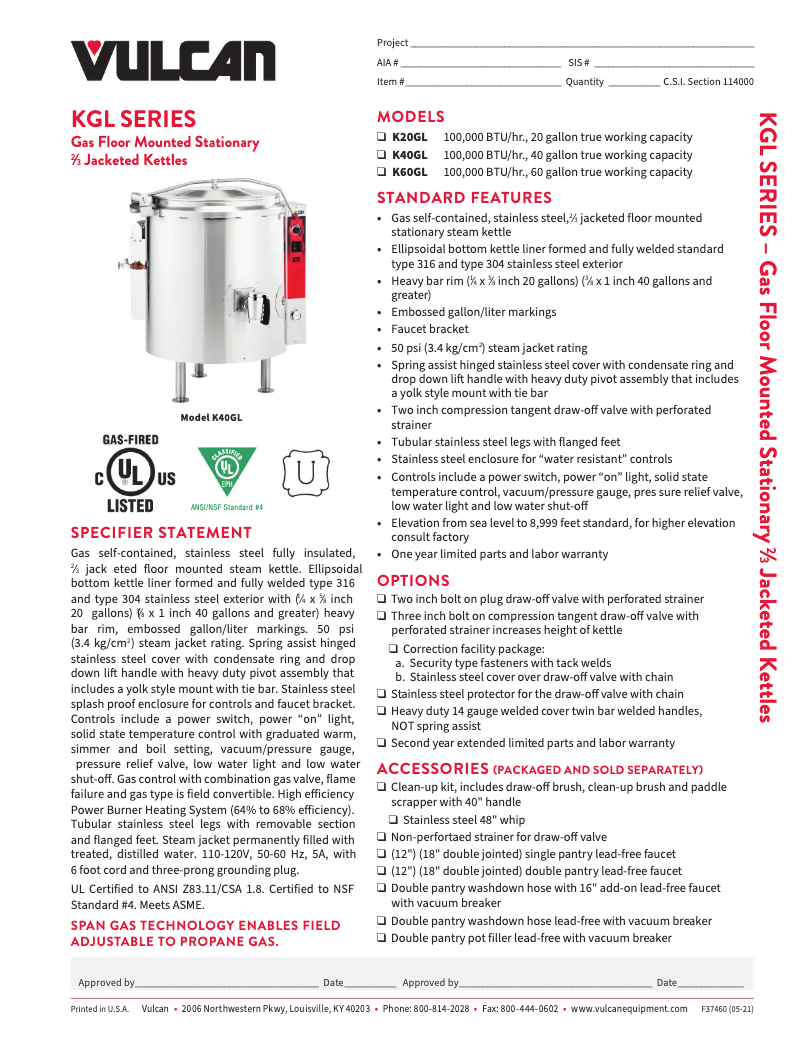 Page 1 de la notice Fiche technique Vulcan K60GL