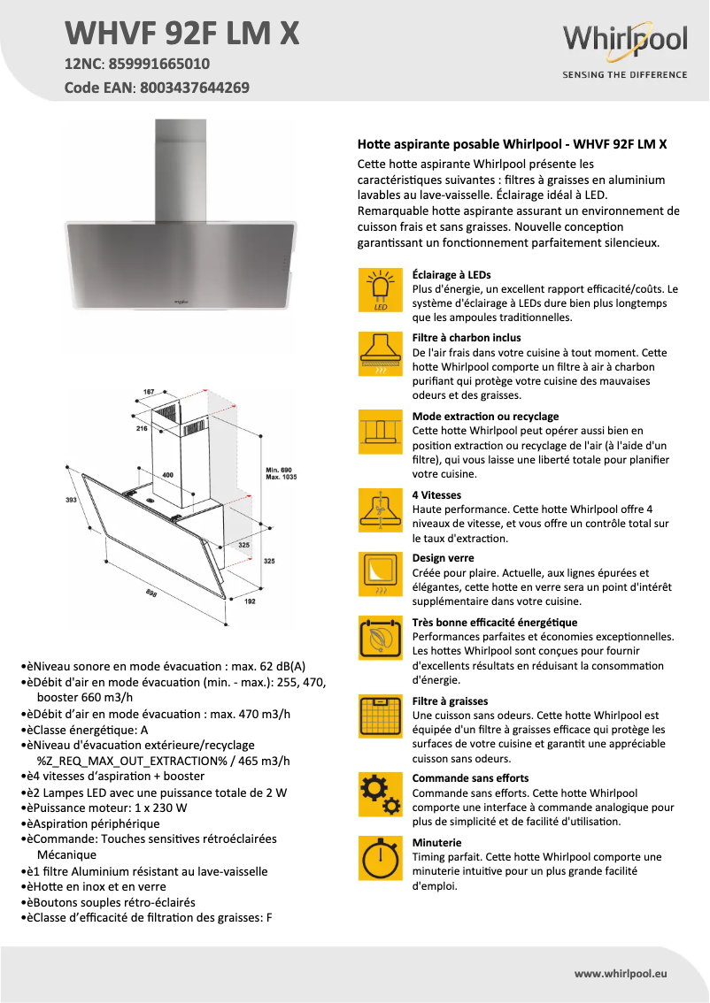 Page 1 de la notice Fiche technique Whirlpool WHVF 92F LM X