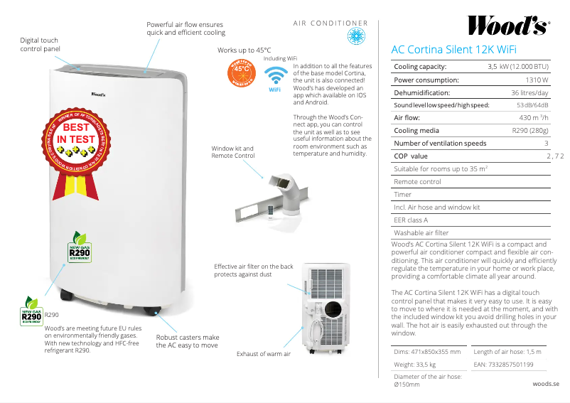 Page 1 de la notice Fiche technique Wood's AC Cortina Silent 12K WiFi