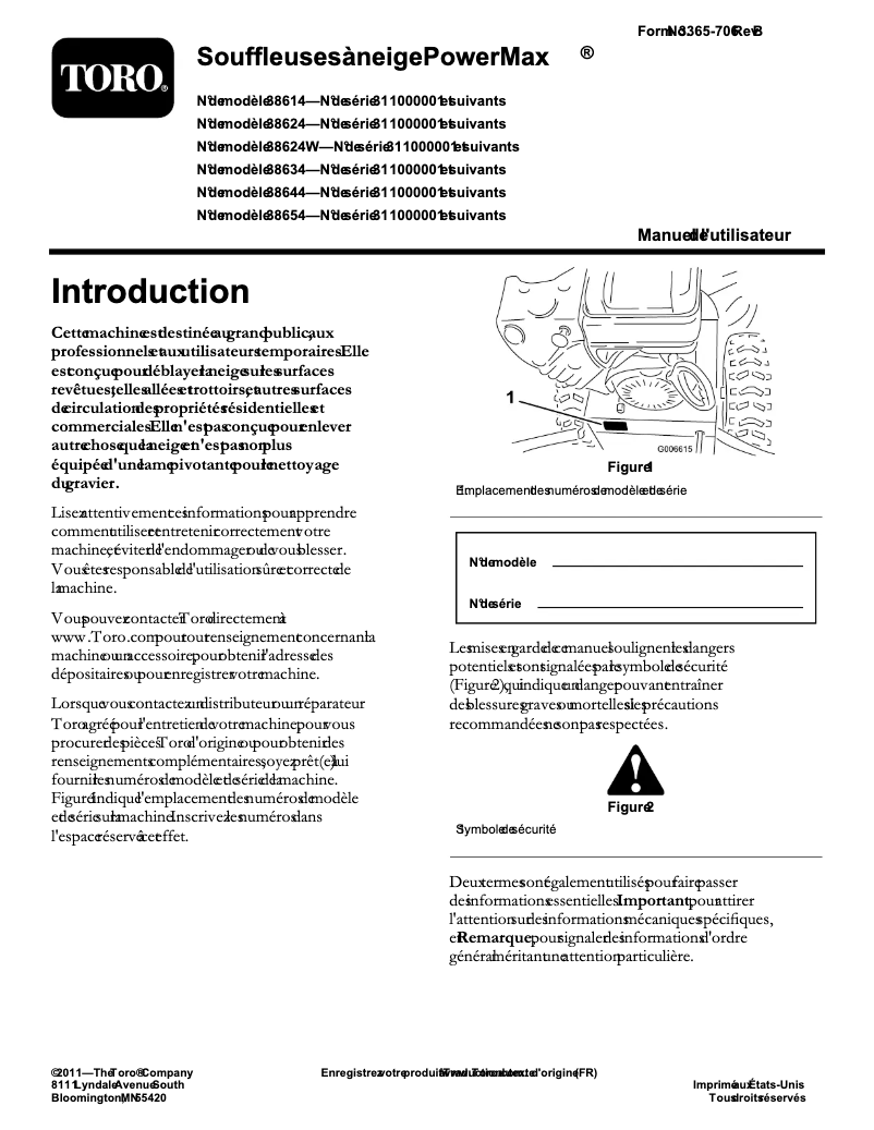 Page 1 de la notice Manuel utilisateur Toro Power Max 826 OXE