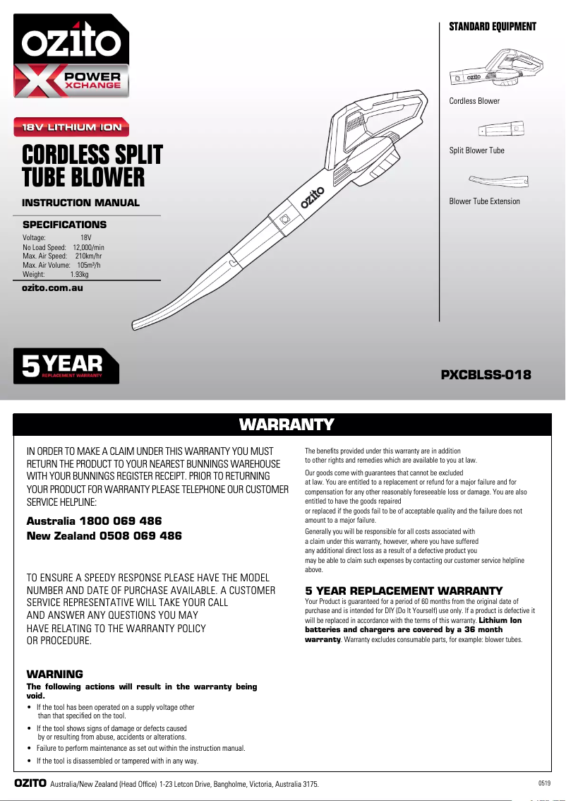Page 1 de la notice Manuel utilisateur Ozito PXBGTK-258