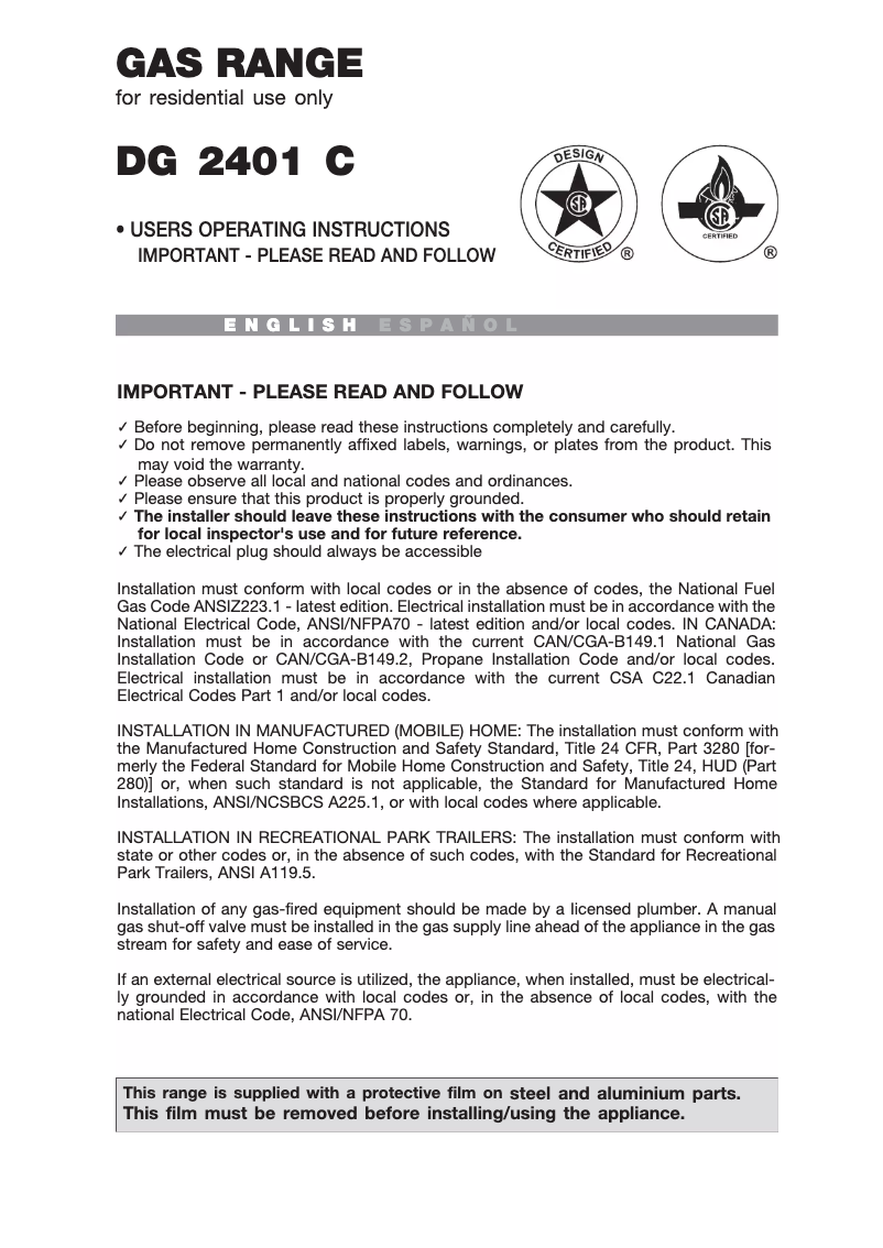 Page 1 de la notice Manuel utilisateur Avanti DG 2401 C