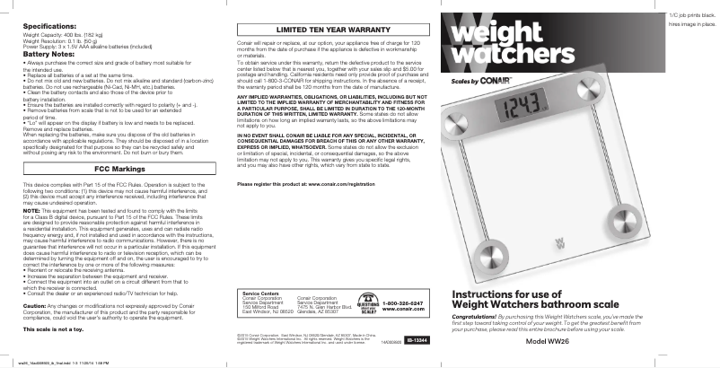 Página 1 del manual Manual de usuario Conair Weight Watchers WW26X