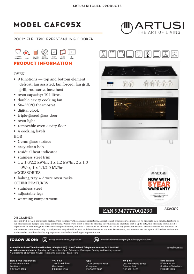 Page 1 de la notice Fiche technique Artusi CAFC95X