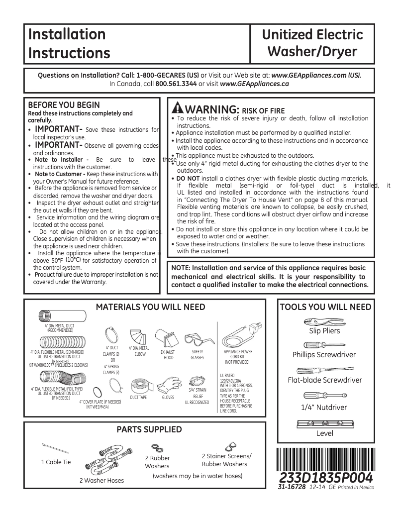 Page n°1 - Guide d'installation GE Spacemaker GUD27ESSJWW