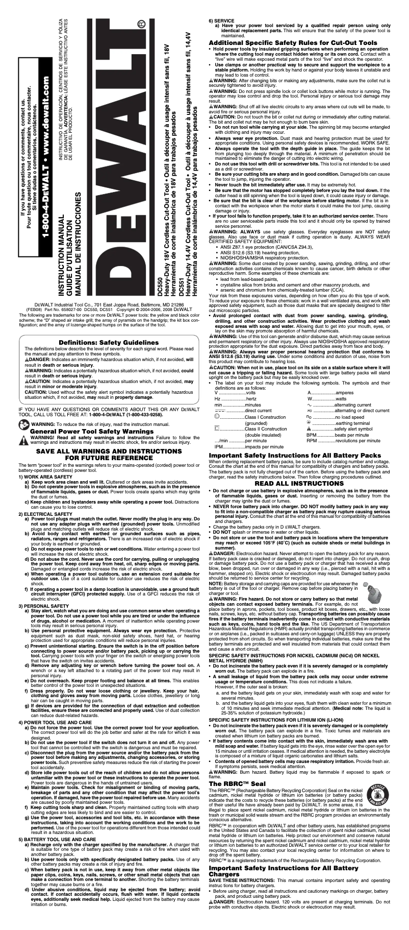 Page 1 de la notice Manuel utilisateur DeWalt DC550