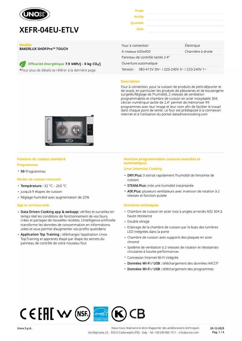 Page 1 de la notice Fiche technique Unox BAKERLUX SHOP.Pro TOUCH