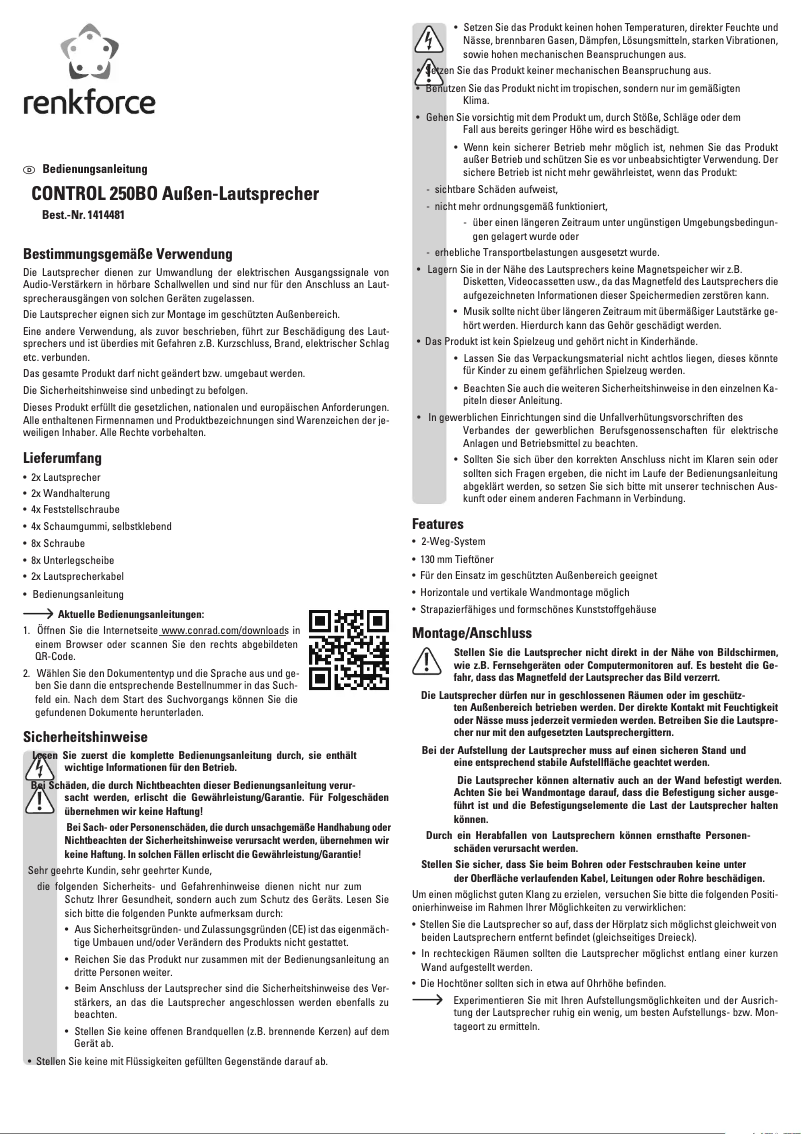 Page 1 de la notice Manuel utilisateur Renkforce CONTROL 250BO