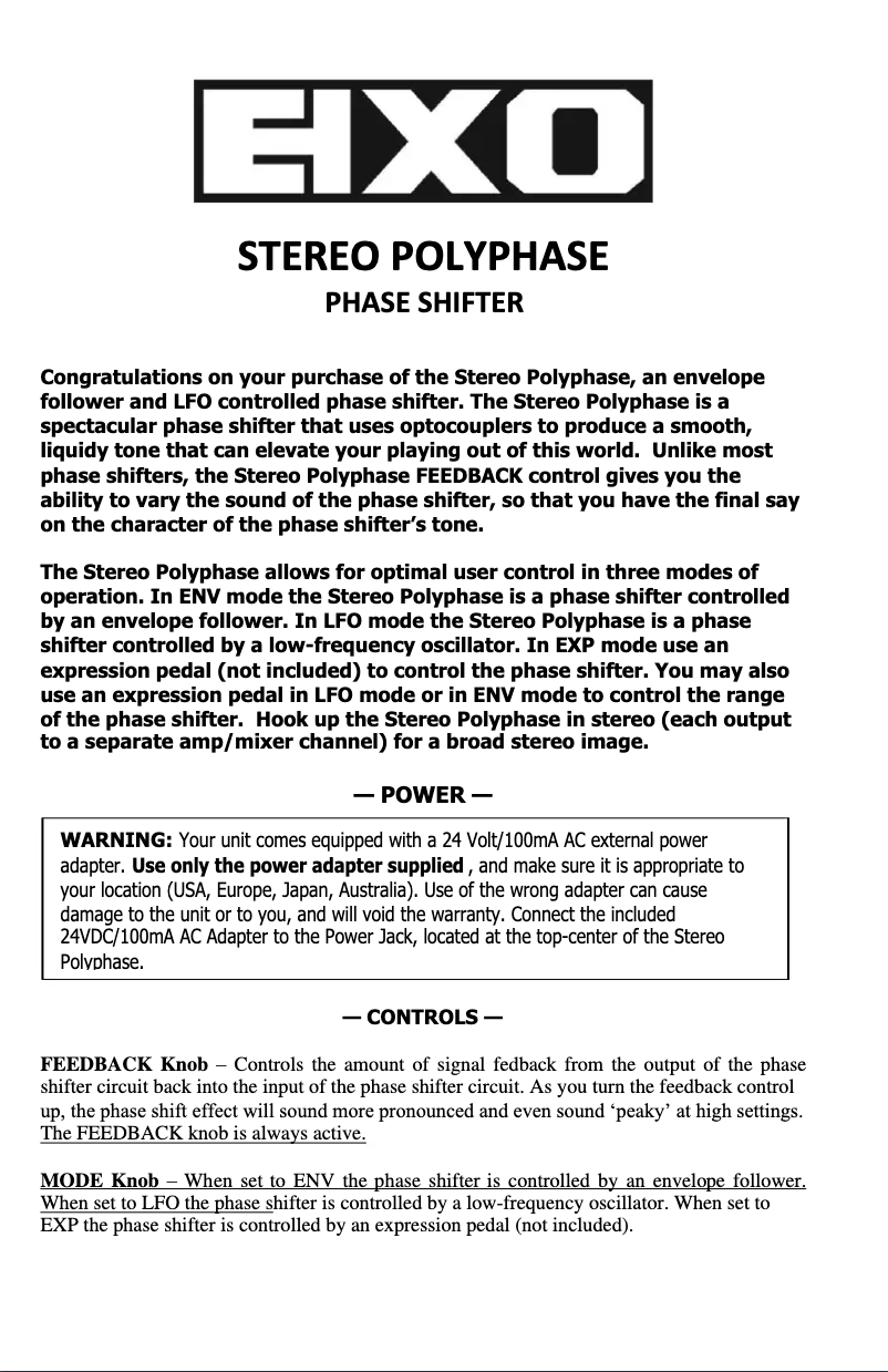 Page 1 de la notice Manuel utilisateur Electro Harmonix Stereo Polyphase