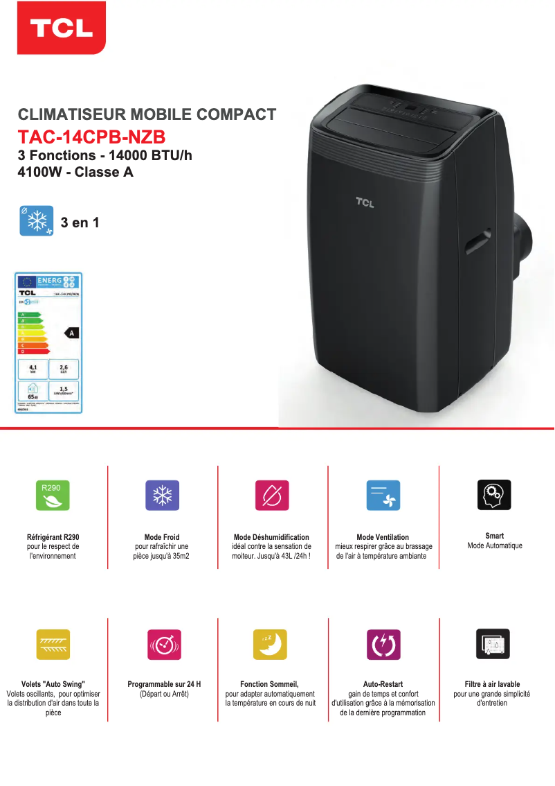 Page 1 of the manual Technical Sheet TCL TAC-14CPB/NZW