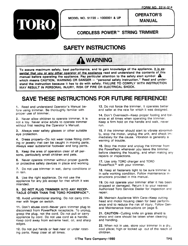 Page 1 de la notice Manuel utilisateur Toro 51720