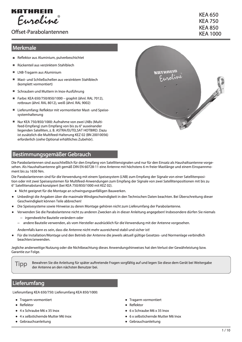 Page 1 de la notice Manuel utilisateur Kathrein Euroline KEA 1000