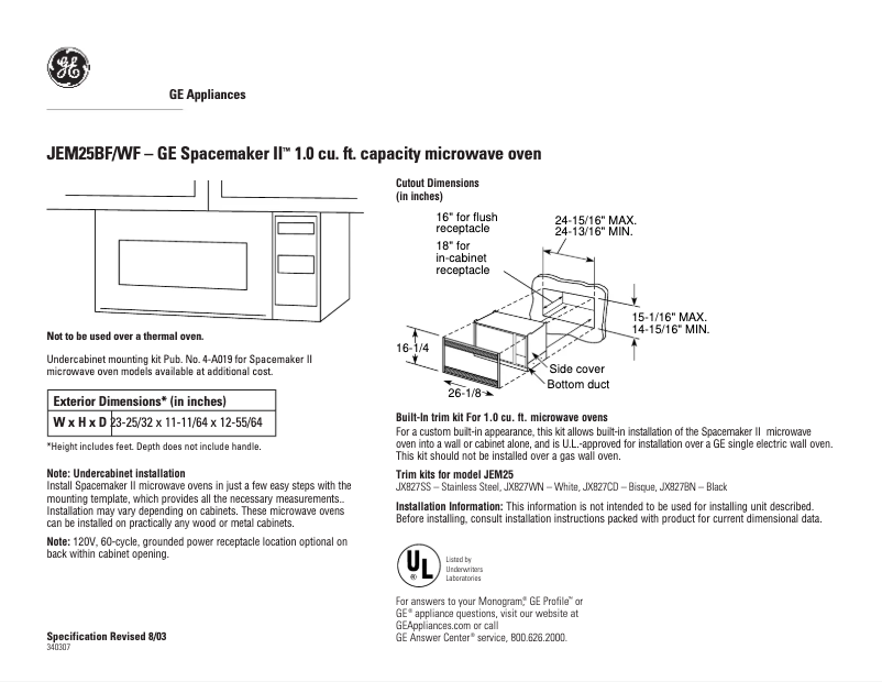Page 1 de la notice Fiche technique GE JEM25BF