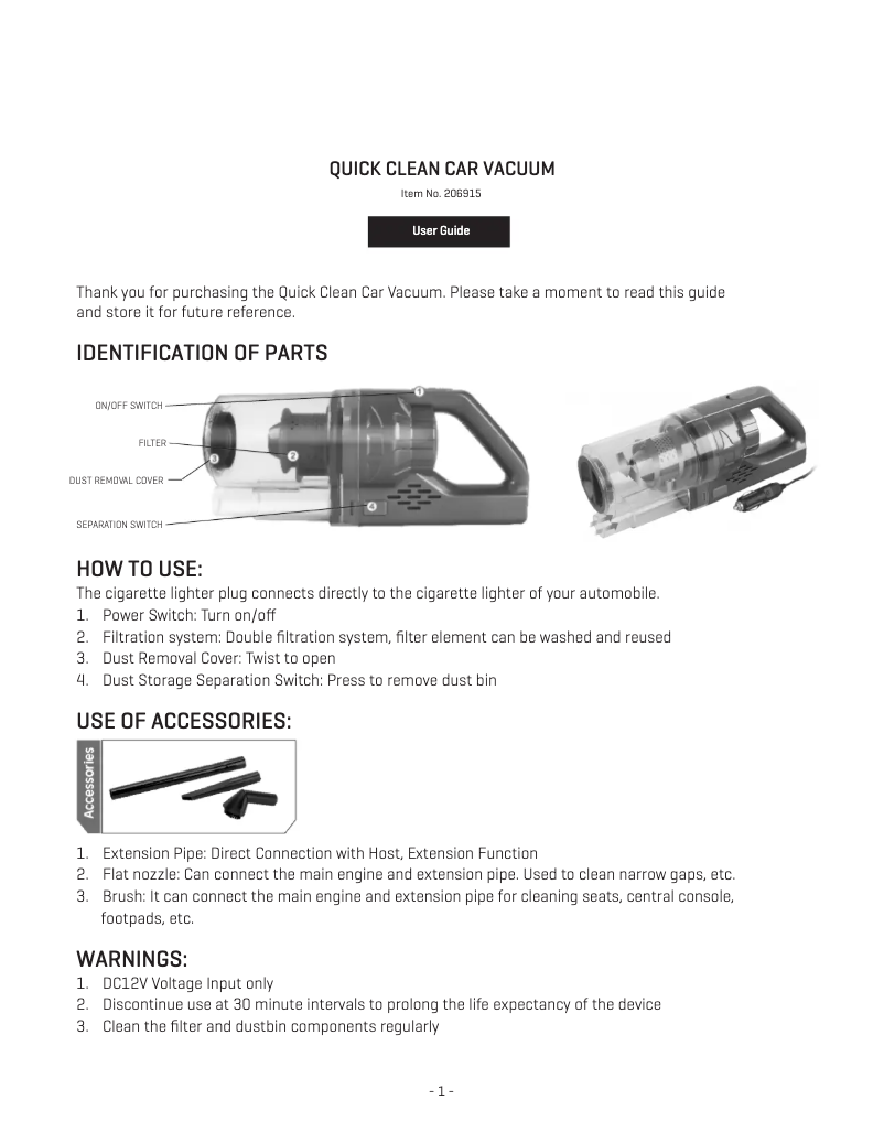 Page 1 de la notice Manuel utilisateur Sharper Image Quick Clean Car Vacuum