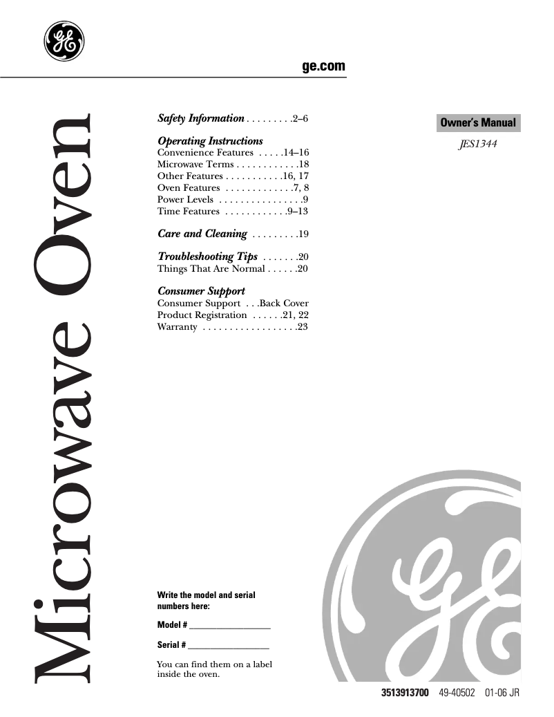 Página 1 del manual Manual de uso y mantenimiento GE JES1344SK