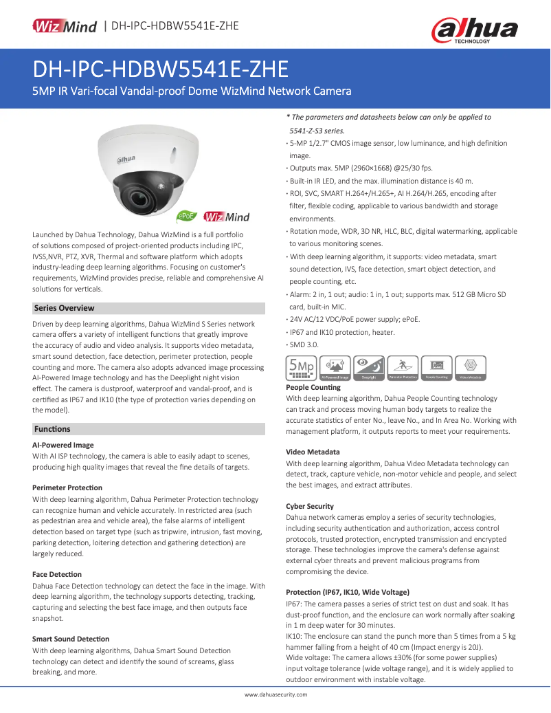 Page 1 de la notice Fiche technique Dahua Technology IPC-HDBW5541E-ZHE