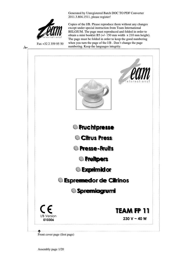 Page 1 de la notice Manuel utilisateur Team FP 11