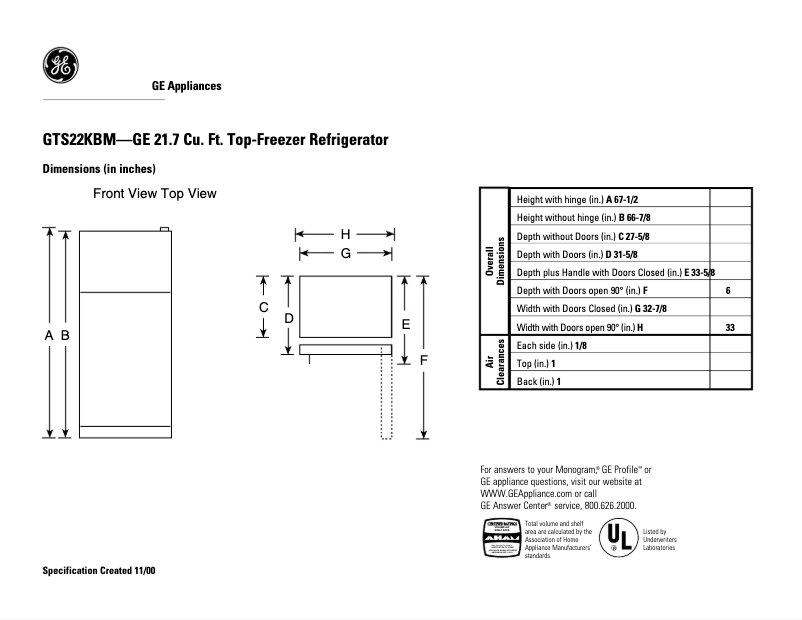 Page 1 de la notice Fiche technique GE GTS22KBMAA