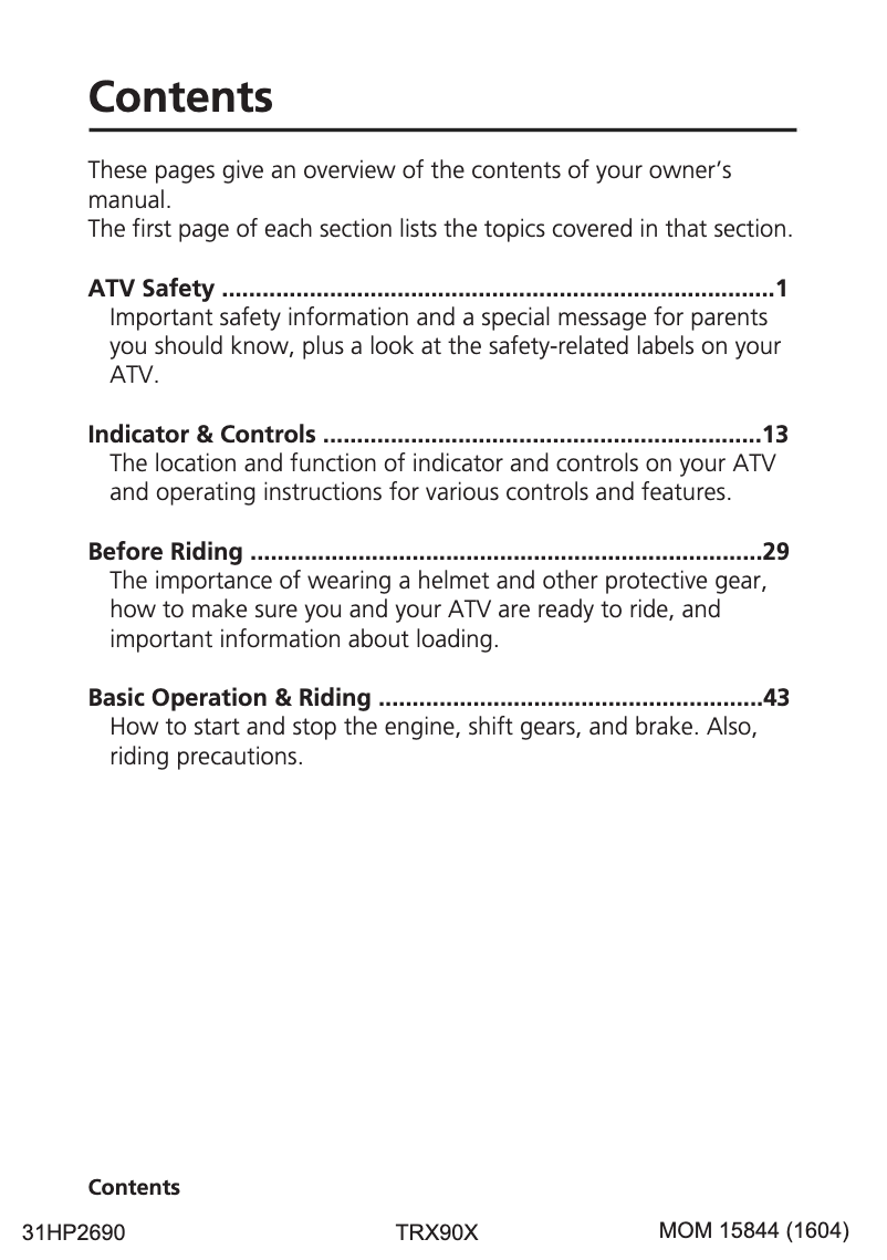 Page 1 de la notice Manuel utilisateur Honda TRX90X (2017)