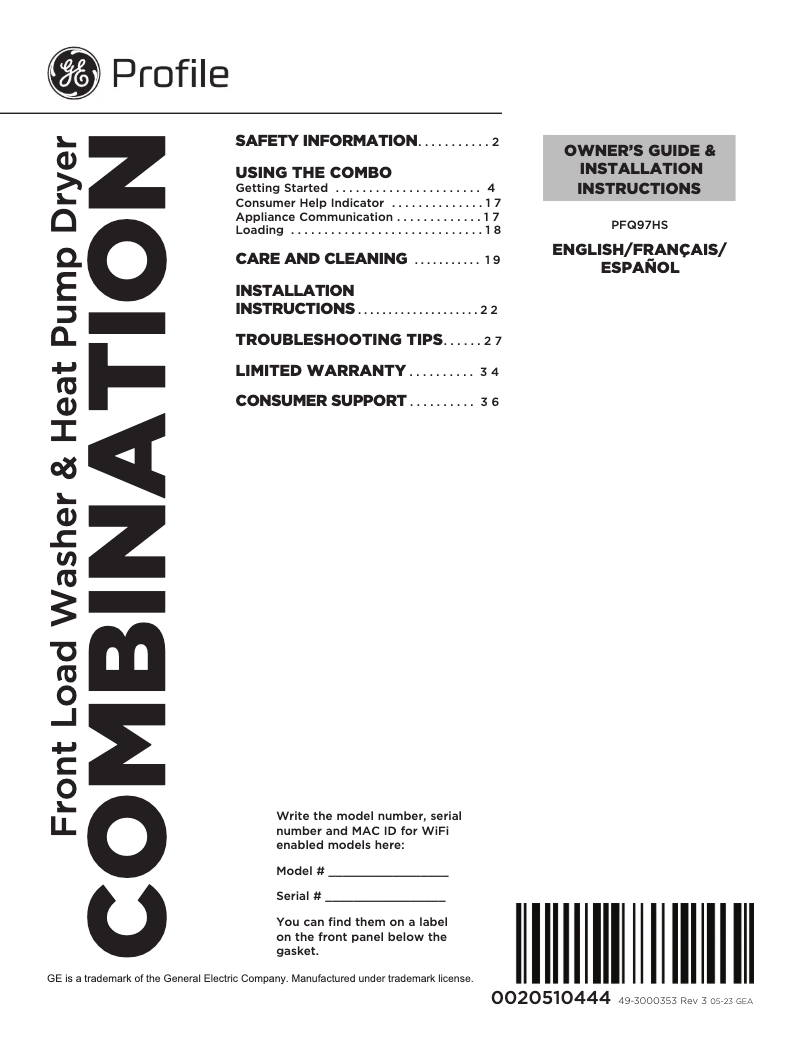 Página 1 del manual Manual de usuario GE PFQ97HS