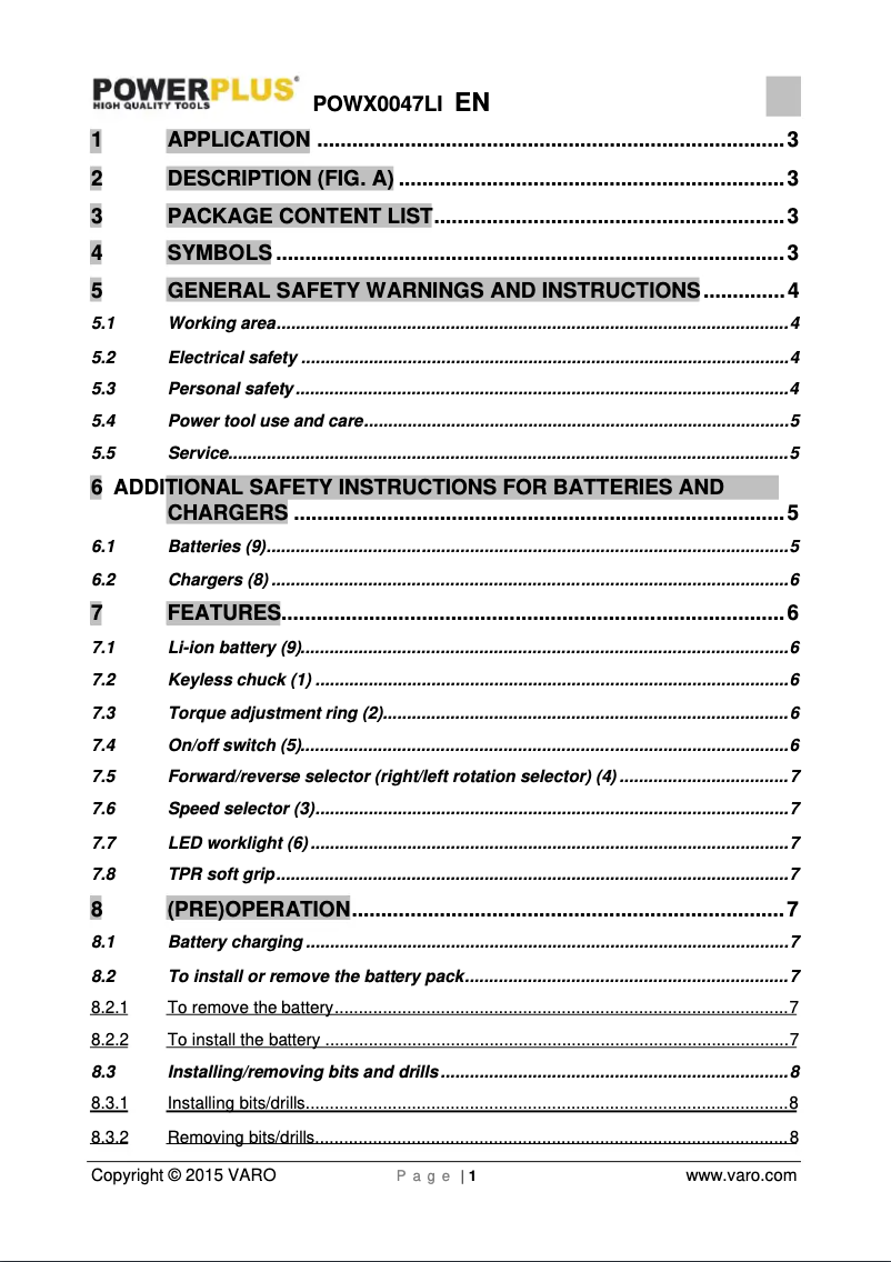 Page 1 de la notice Manuel utilisateur PowerPlus POWX0047Li