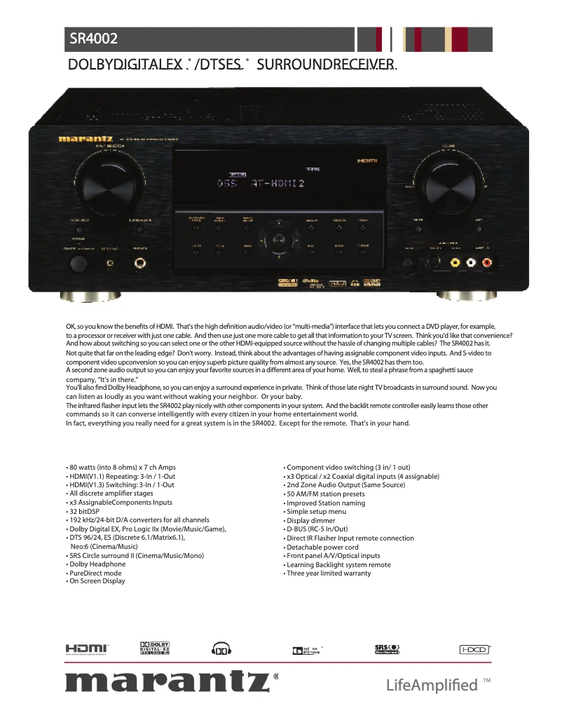 Page 1 de la notice Fiche technique Marantz SR4002