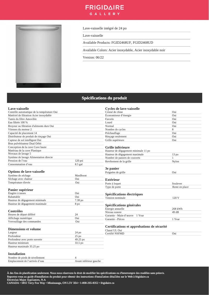Page 1 of the manual Technical Sheet Frigidaire FGID2468UD