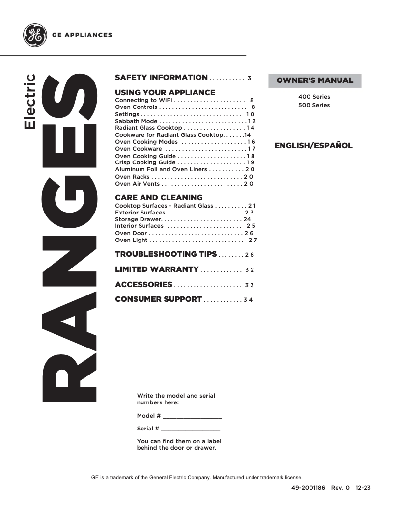 Page 1 de la notice Manuel d'utilisation et d'entretien GE GRF500PVWW