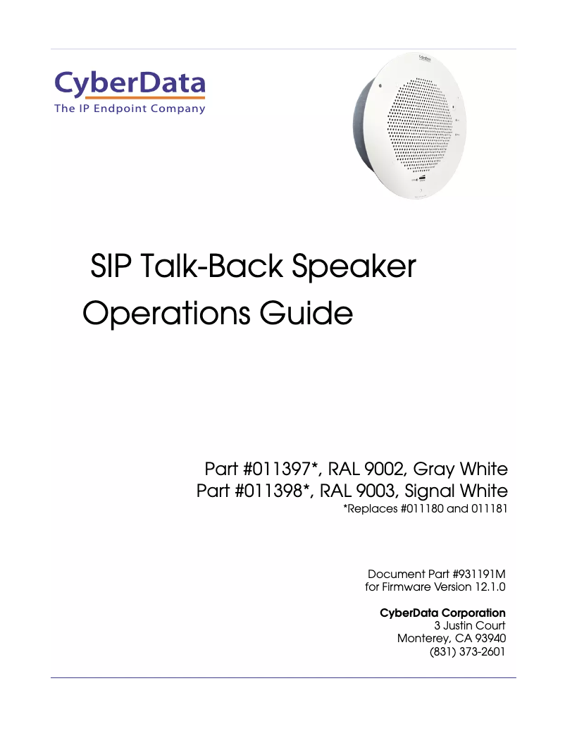 Page 1 de la notice Manuel utilisateur CyberData Systems SIP Talk-Back