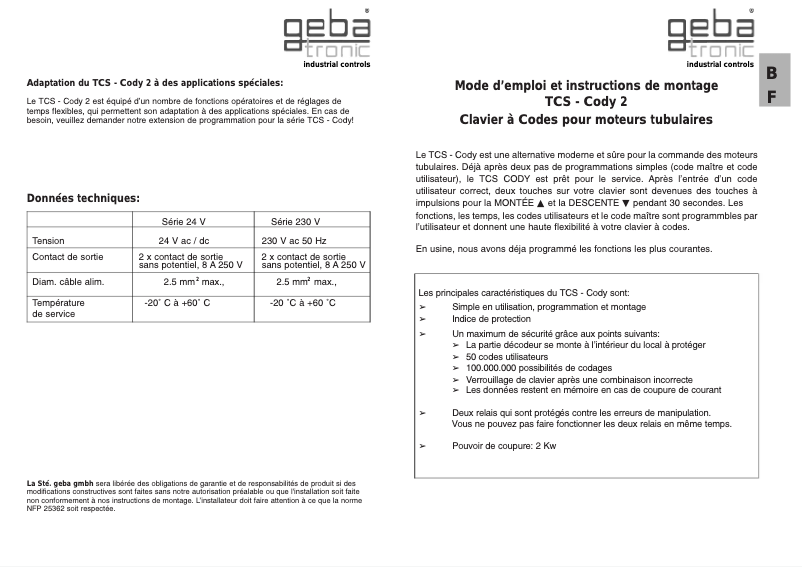 Page 1 de la notice Manuel utilisateur Geba Tronic TCS - Cody 2