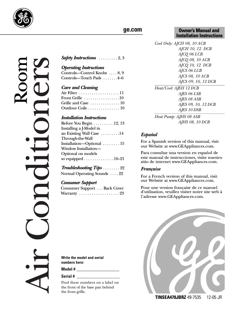 Page n°1 - Manuel d'utilisation et d'entretien GE AJCS06LCA