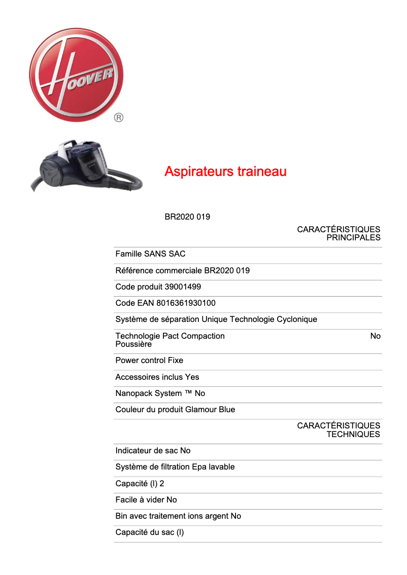 Página 1 del manual Ficha técnica Hoover BR2020 019