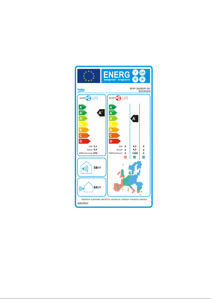 Page 1 de la notice Label énergétique Beko BEHPI 180