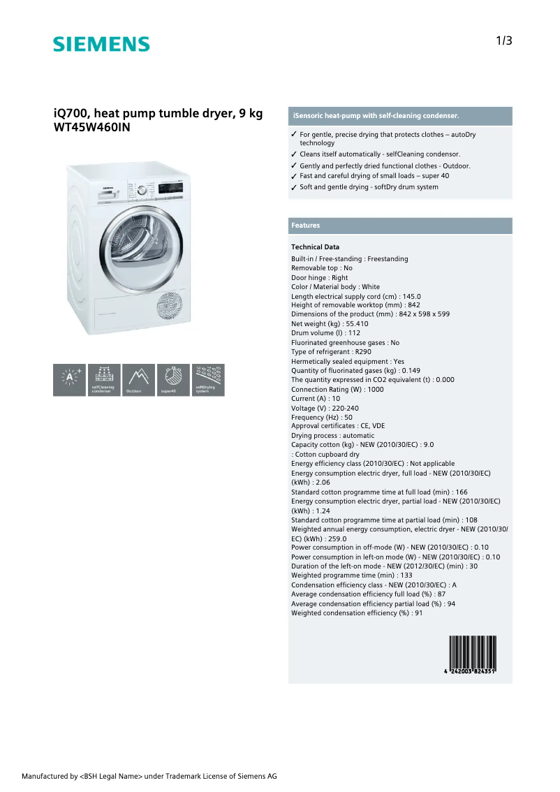 Page 1 de la notice Fiche technique Siemens WT45W460IN