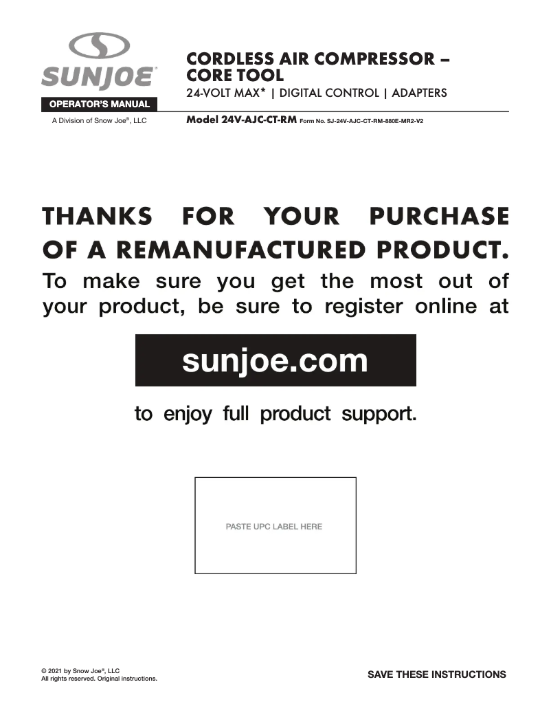 Page 1 de la notice Manuel utilisateur Sun Joe 24V-AJC-CT-RM