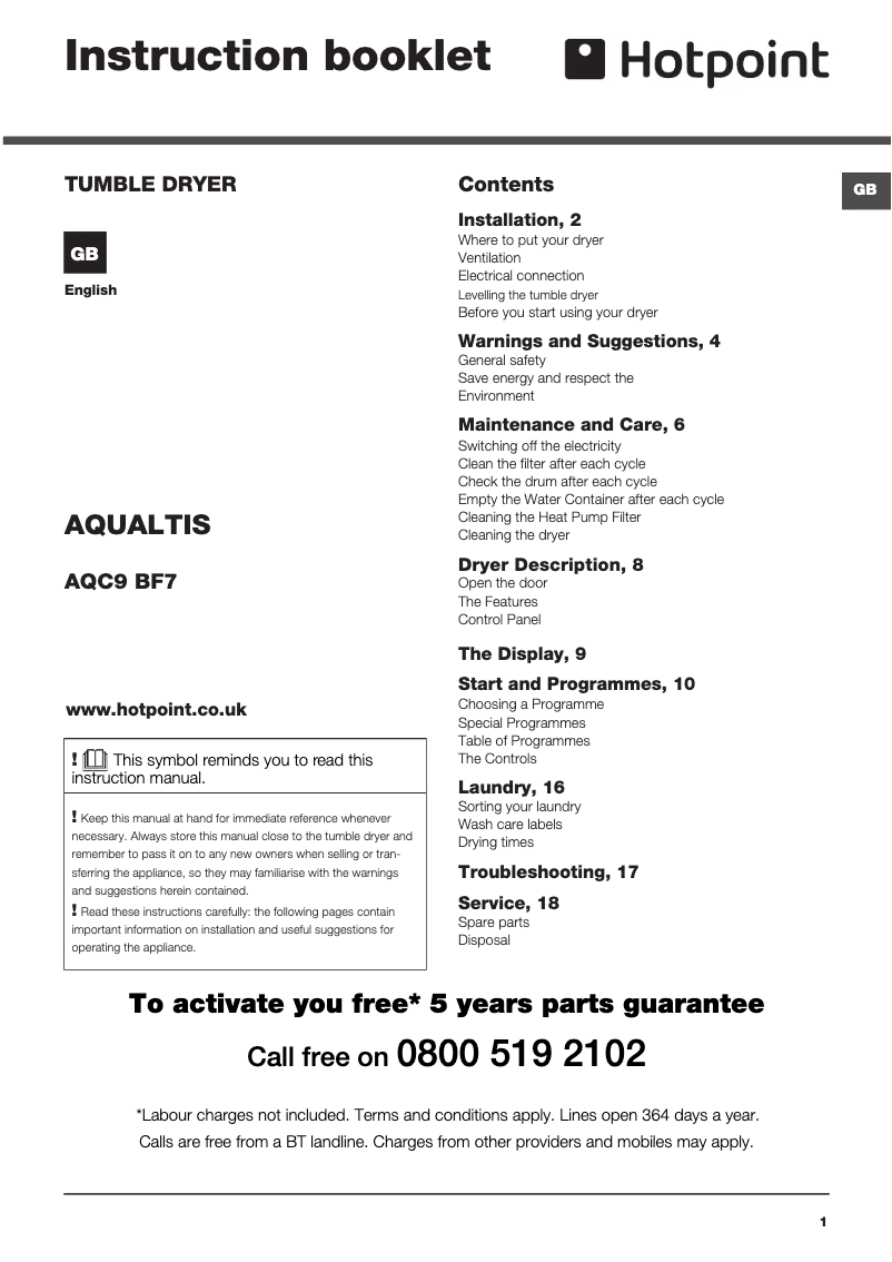 Page 1 de la notice Manuel utilisateur Hotpoint AQC9 BF7 E1 (UK)