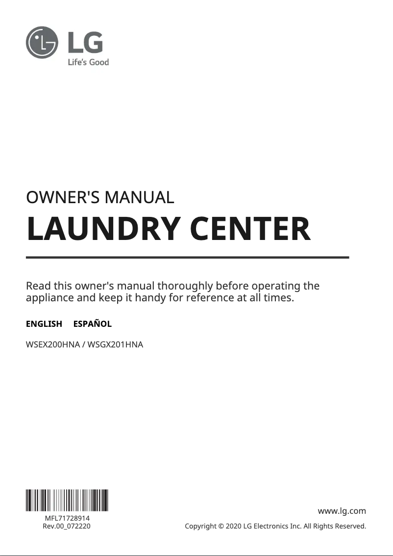 Page 1 de la notice Manuel utilisateur LG WSGX201HNA