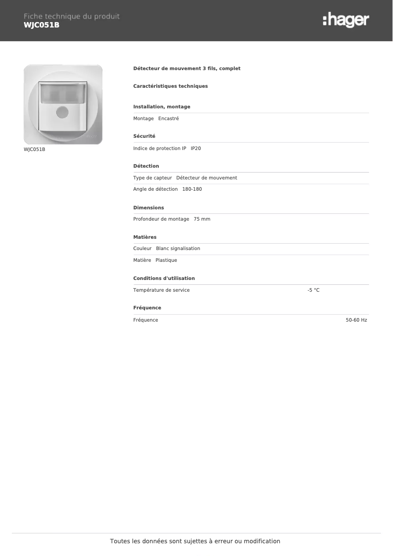 Page 1 de la notice Fiche technique Hager WJC051B