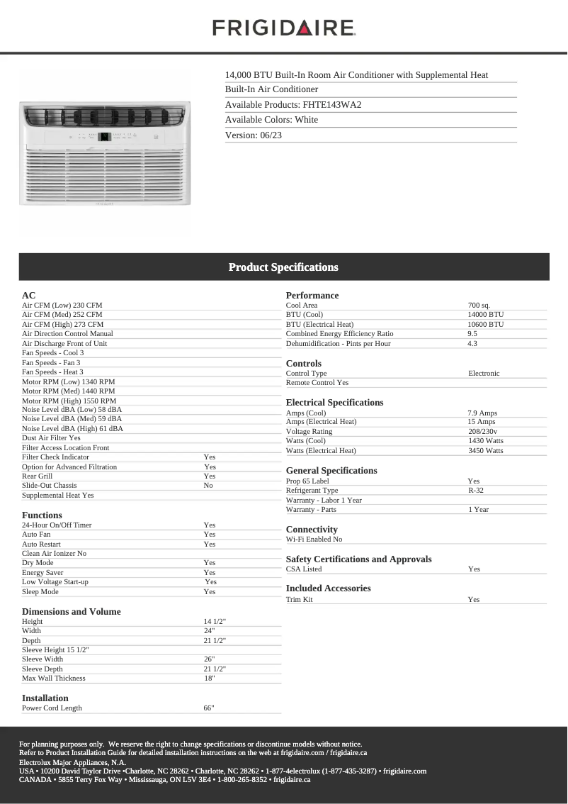 Página 1 del manual Ficha técnica Frigidaire FHTE143WA2