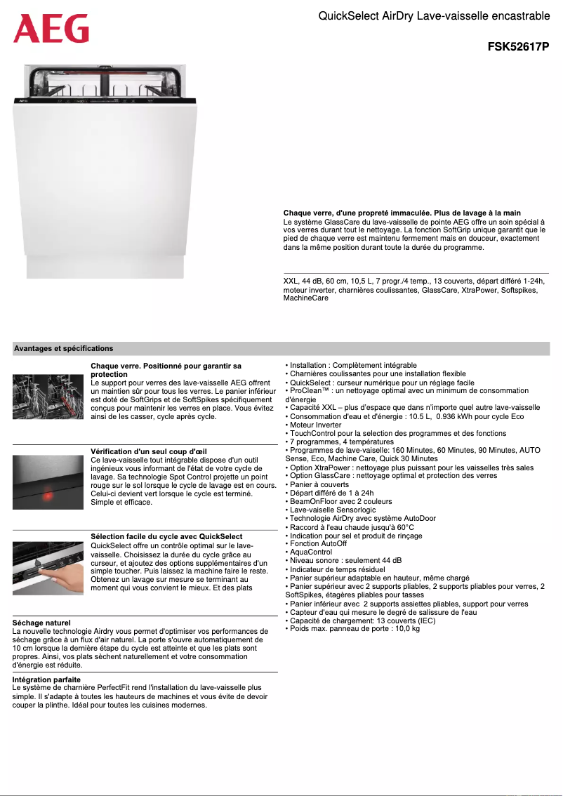 Page 1 de la notice Fiche technique AEG FSK52617P