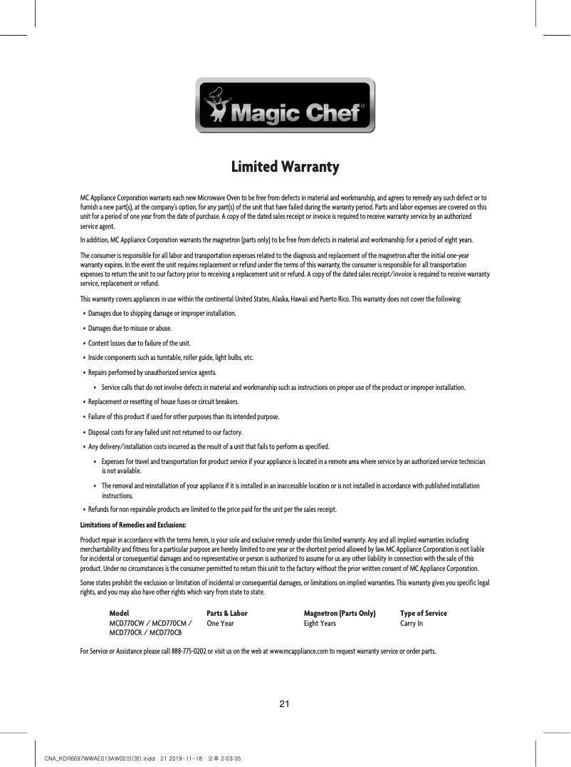 Página 1 del manual Información de garantía Magic Chef MCD770CR