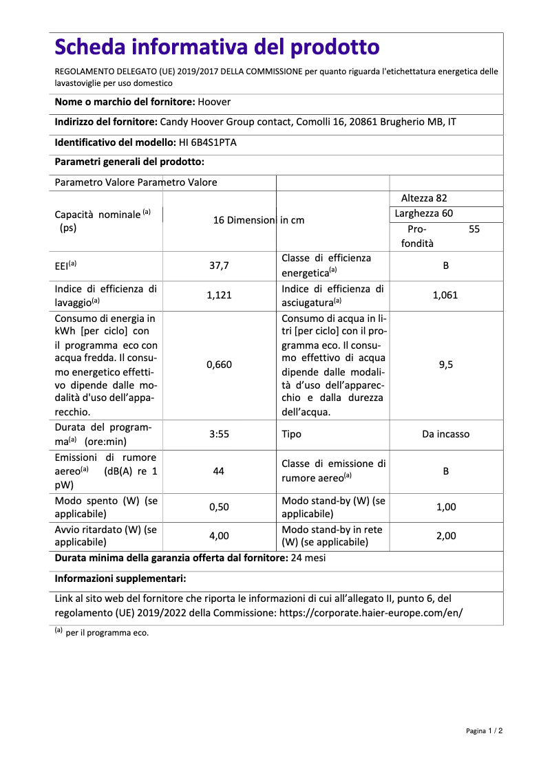 Page 1 de la notice Fiche technique Hoover HI 6B4S1PTA