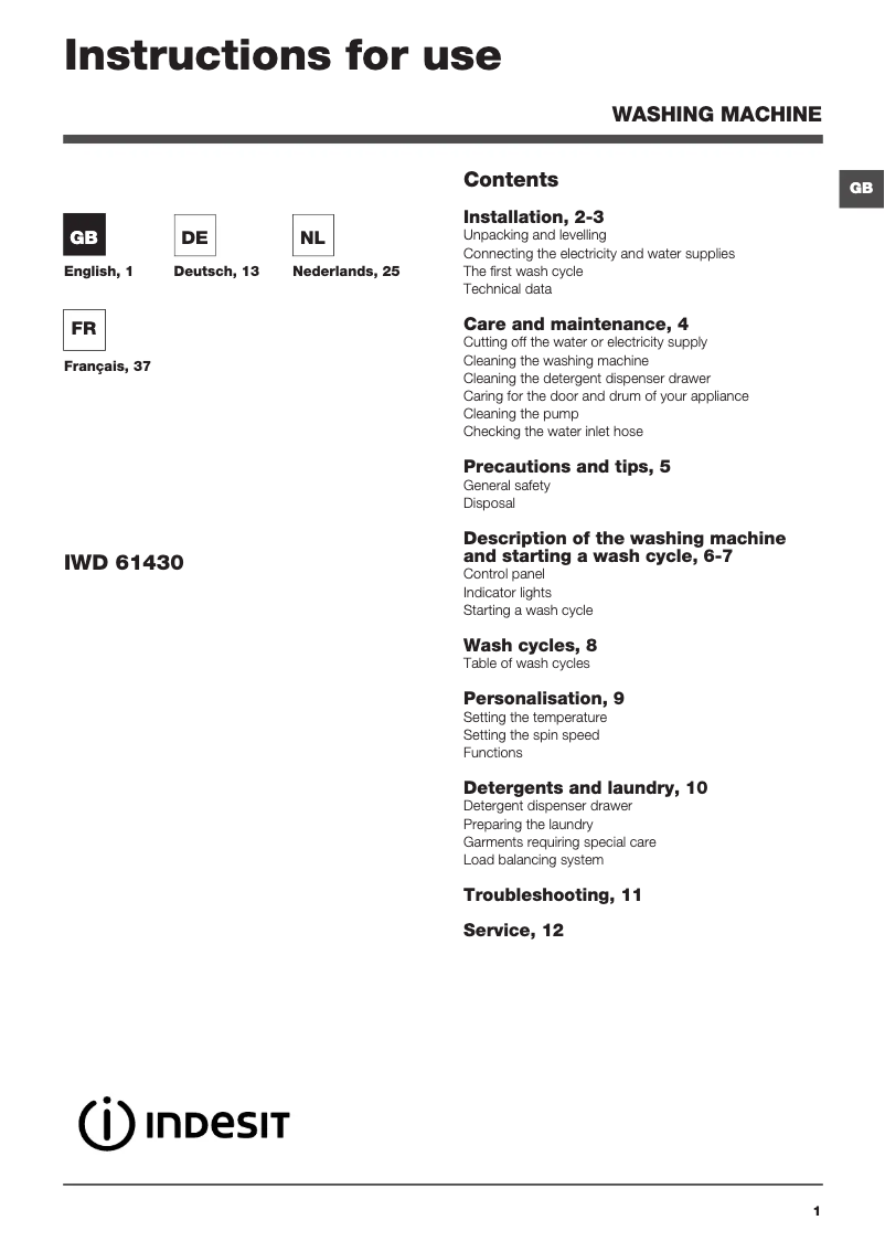 Page 1 de la notice Manuel utilisateur Indesit IWD 61430