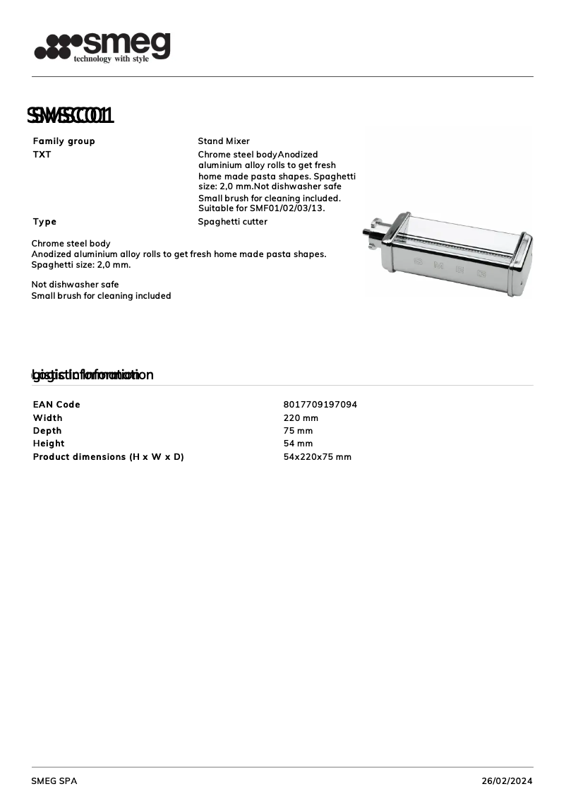 Page 1 de la notice Fiche technique Smeg SMSC01